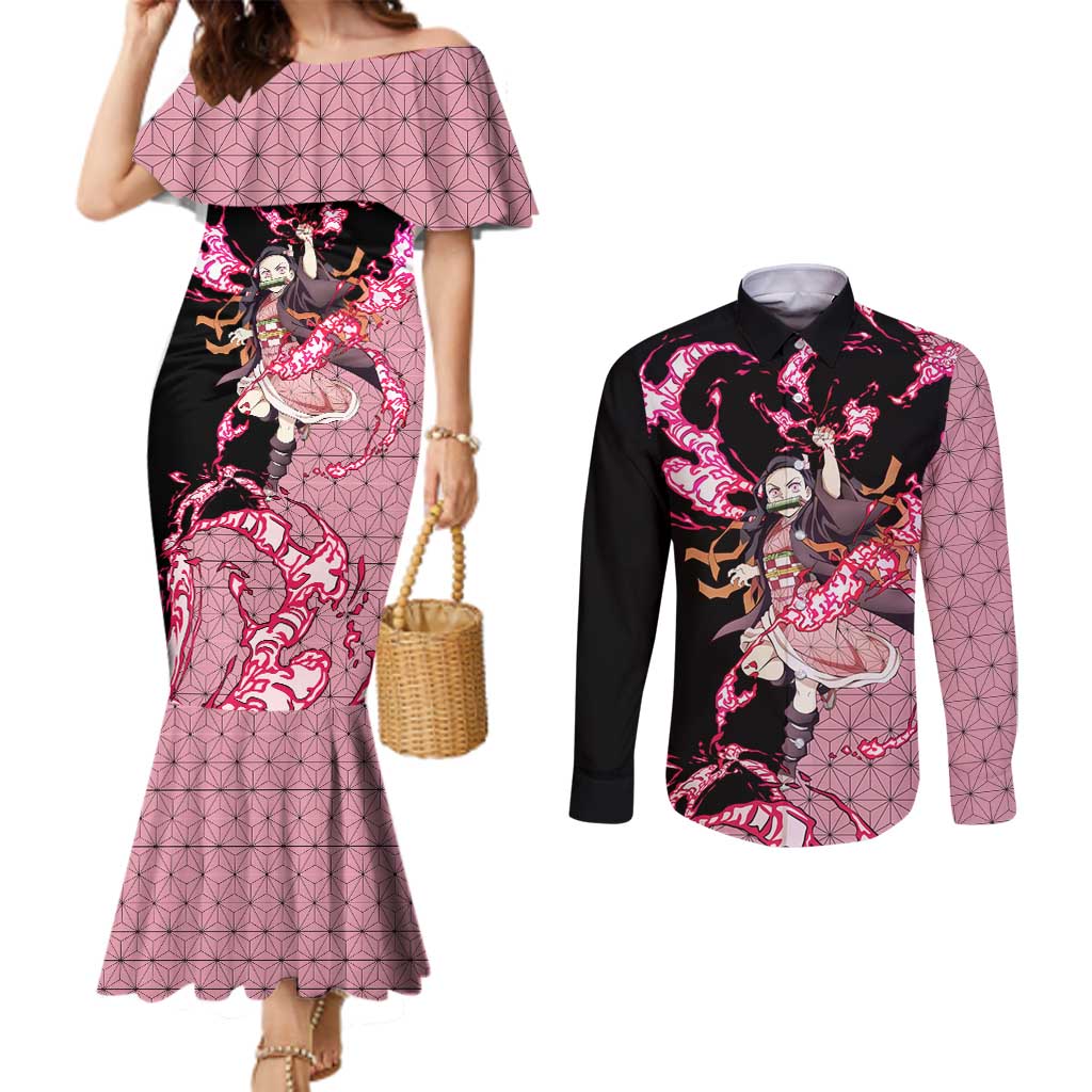 Nezuko Kamado - Demon Slayer Couples Matching Mermaid Dress and Long Sleeve Button Shirt Anime Style