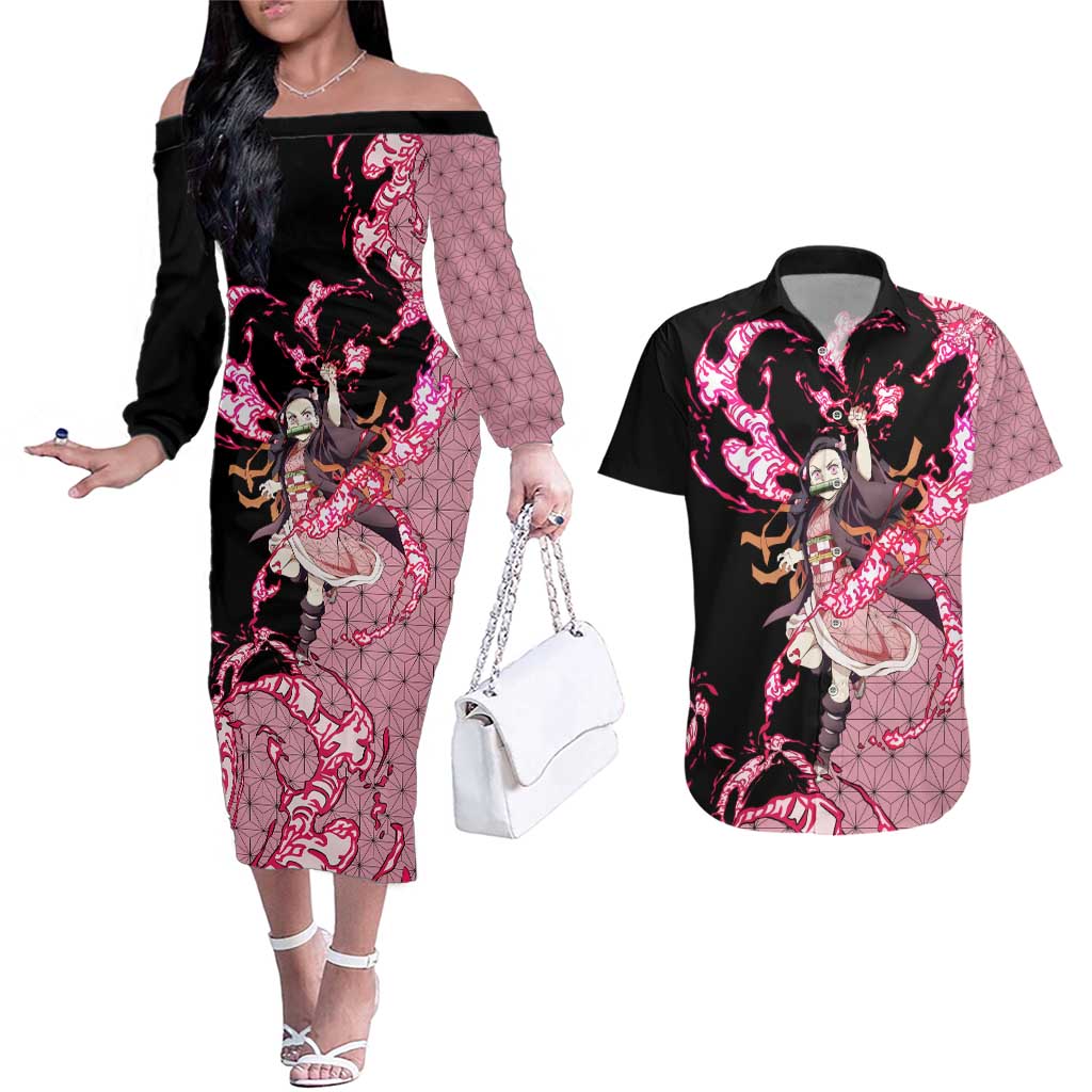 Nezuko Kamado - Demon Slayer Couples Matching Off The Shoulder Long Sleeve Dress and Hawaiian Shirt Anime Style