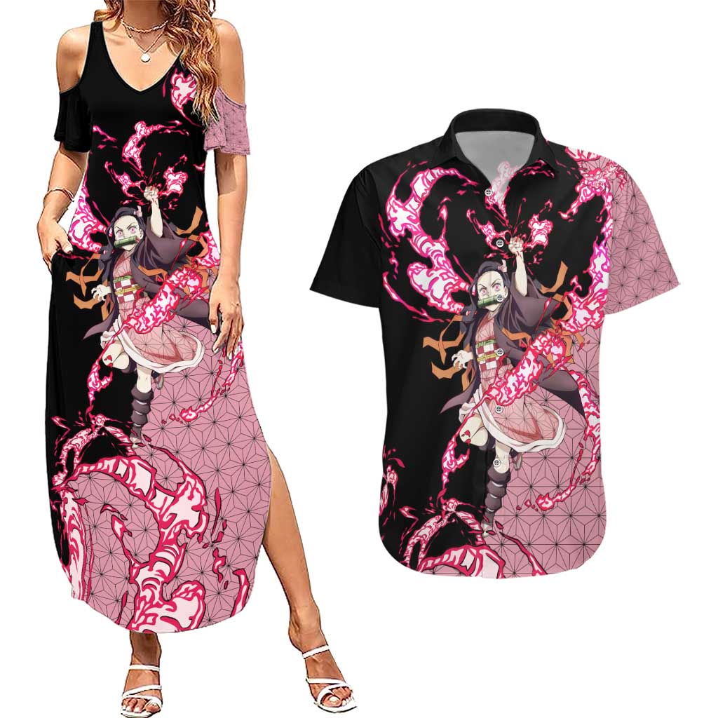 Nezuko Kamado - Demon Slayer Couples Matching Summer Maxi Dress and Hawaiian Shirt Anime Style