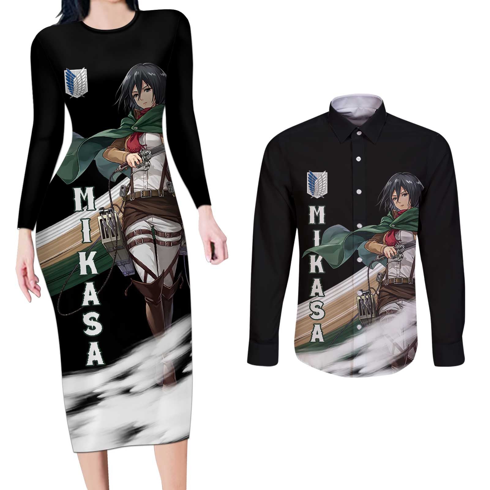 Mikasa Ackerman - Attack On Titan Couples Matching Long Sleeve Bodycon Dress and Long Sleeve Button Shirt Anime Style