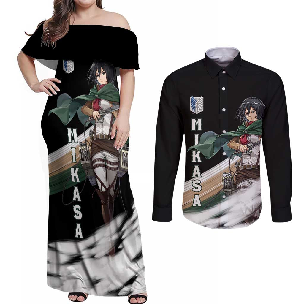 Mikasa Ackerman - Attack On Titan Couples Matching Off Shoulder Maxi Dress and Long Sleeve Button Shirt Anime Style