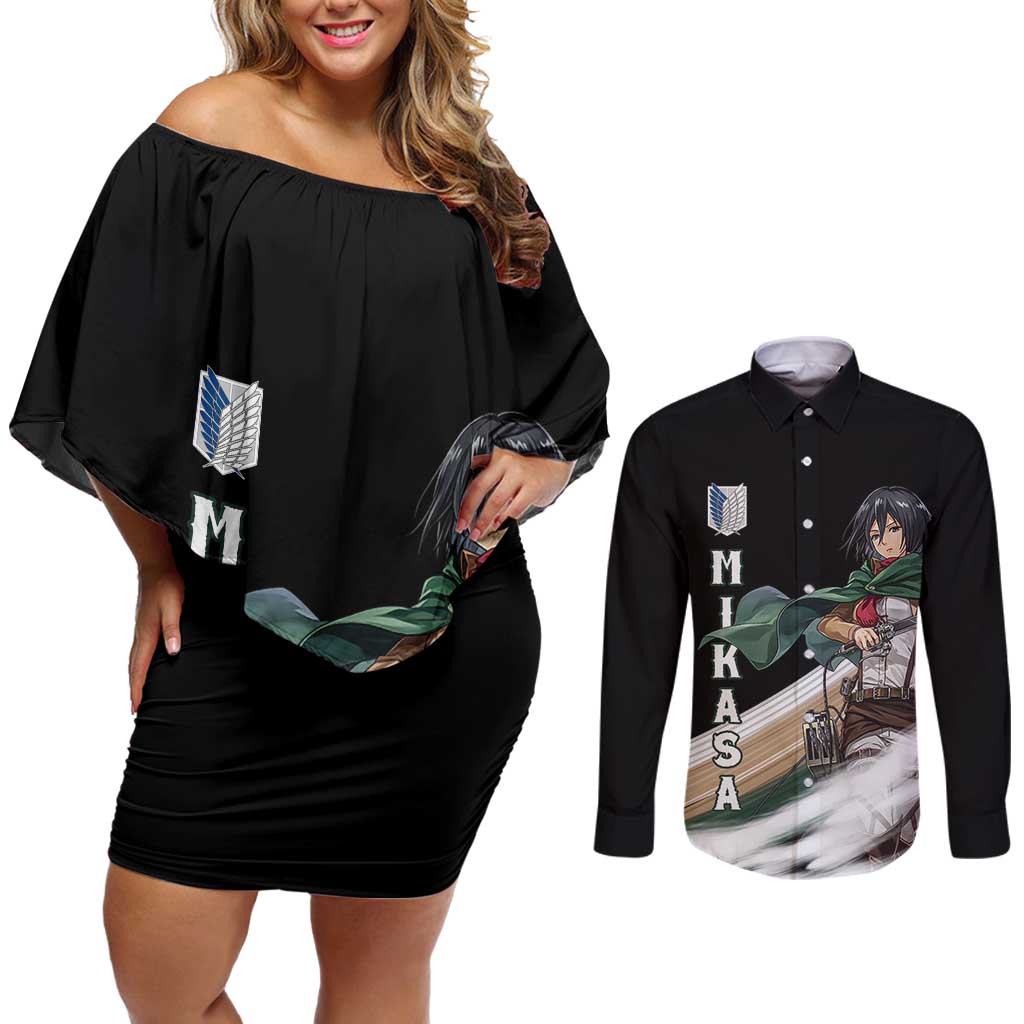 Mikasa Ackerman - Attack On Titan Couples Matching Off Shoulder Short Dress and Long Sleeve Button Shirt Anime Style