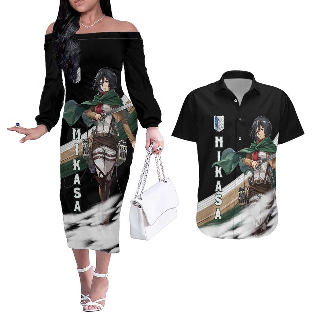 Mikasa Ackerman - Attack On Titan Couples Matching Off The Shoulder Long Sleeve Dress and Hawaiian Shirt Anime Style