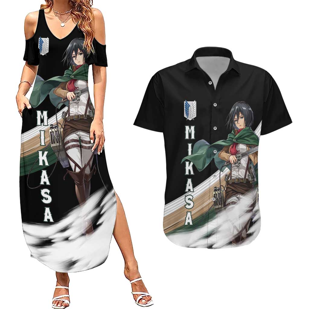 Mikasa Ackerman - Attack On Titan Couples Matching Summer Maxi Dress and Hawaiian Shirt Anime Style