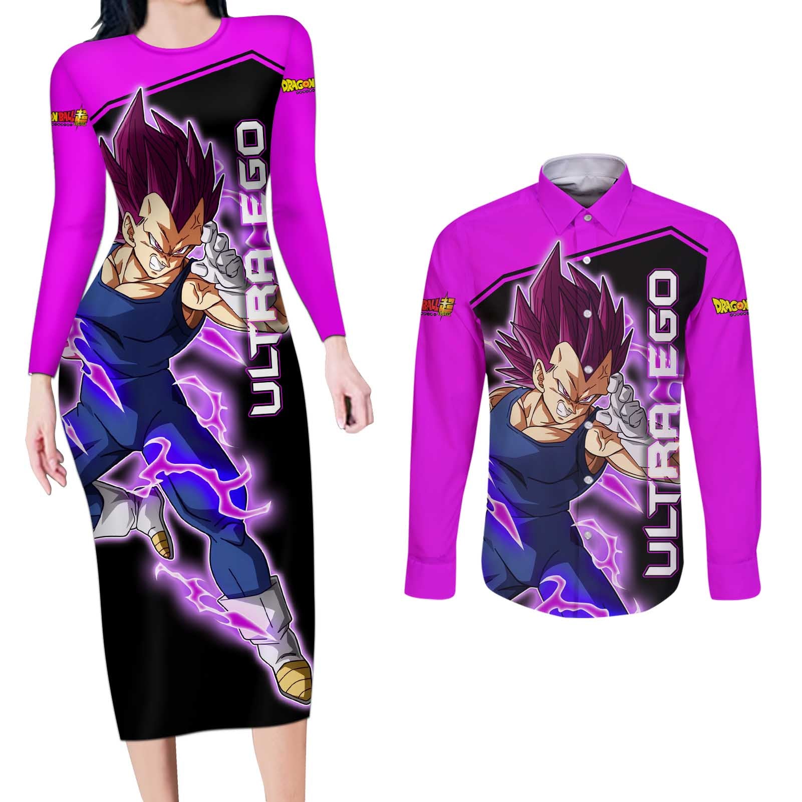 Vegeta Ultra Ego - Dragon Ball Couples Matching Long Sleeve Bodycon Dress and Long Sleeve Button Shirt Anime Style