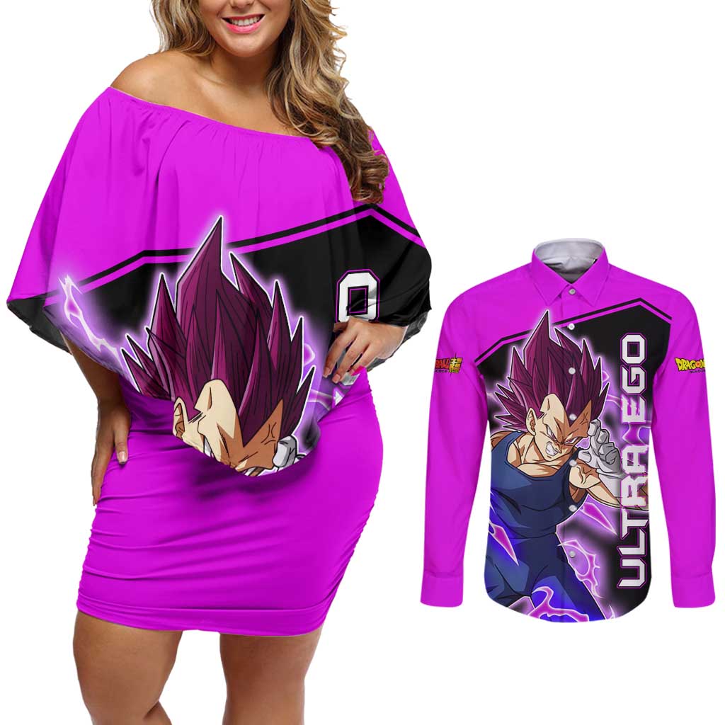 Vegeta Ultra Ego - Dragon Ball Couples Matching Off Shoulder Short Dress and Long Sleeve Button Shirt Anime Style