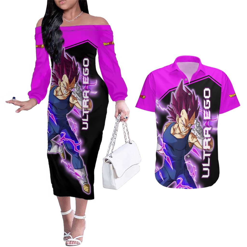 Vegeta Ultra Ego - Dragon Ball Couples Matching Off The Shoulder Long Sleeve Dress and Hawaiian Shirt Anime Style