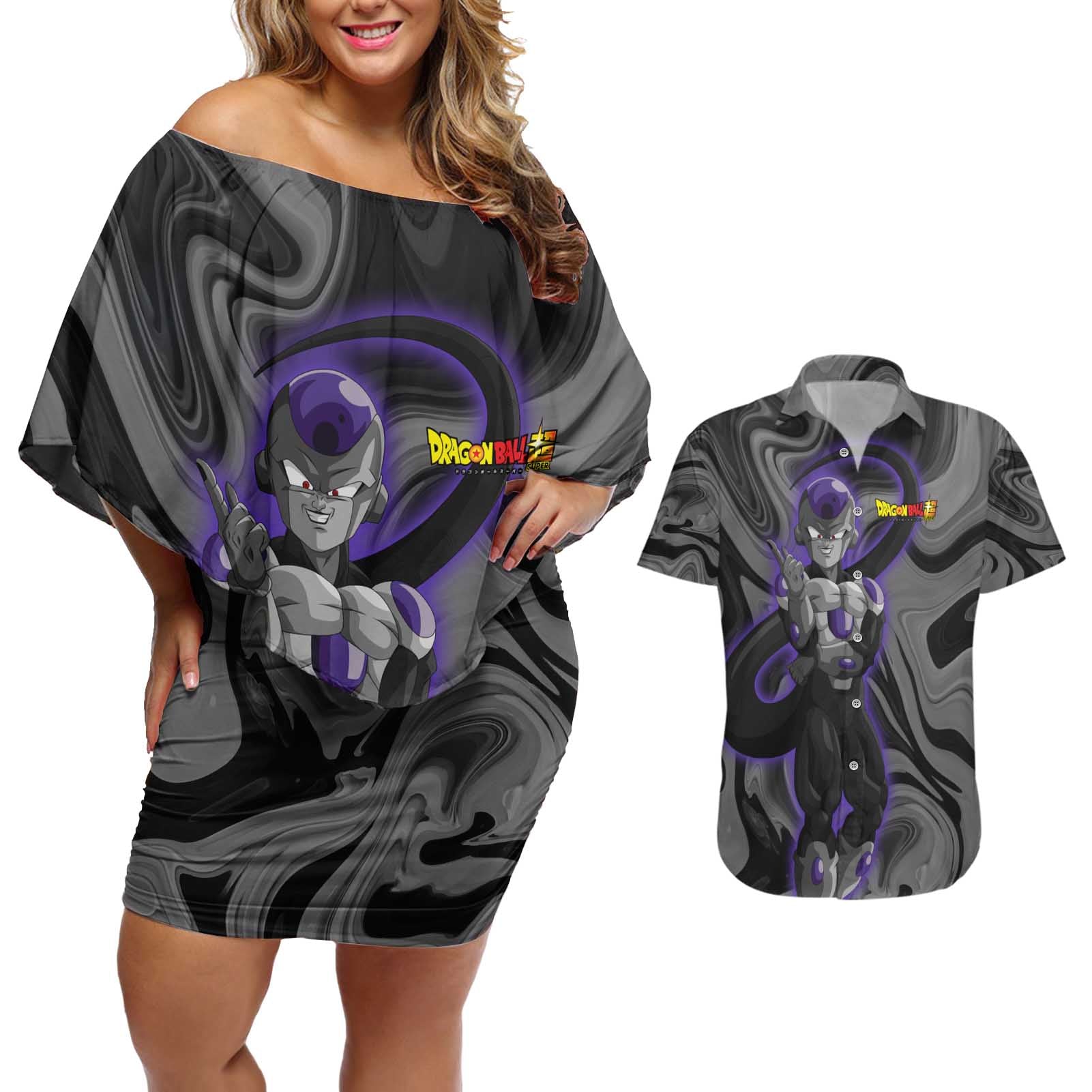 Black Frieza - Dragon Ball Couples Matching Off Shoulder Short Dress and Hawaiian Shirt Anime Style