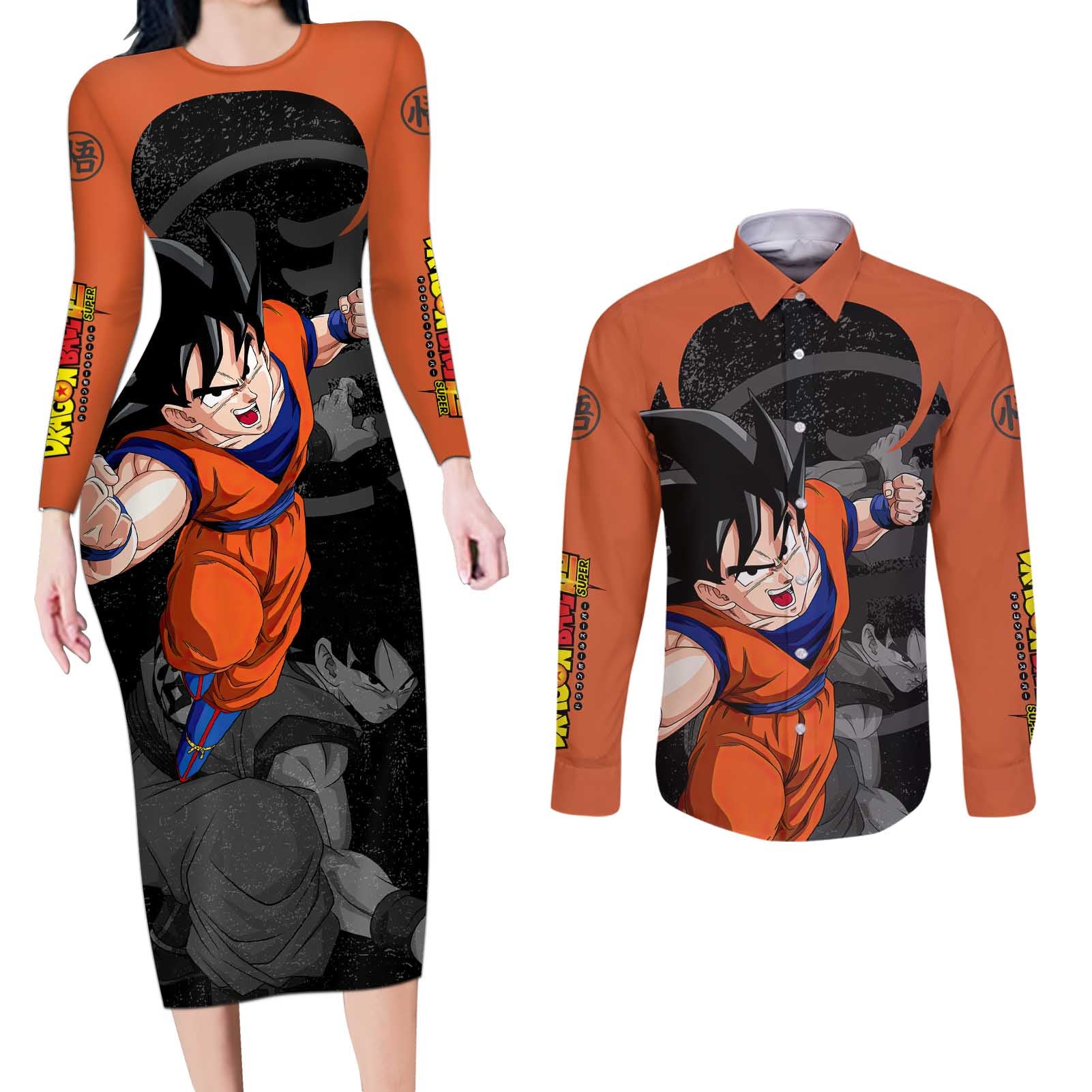 Goku - Dragon Ball Z Couples Matching Long Sleeve Bodycon Dress and Long Sleeve Button Shirt Anime Style