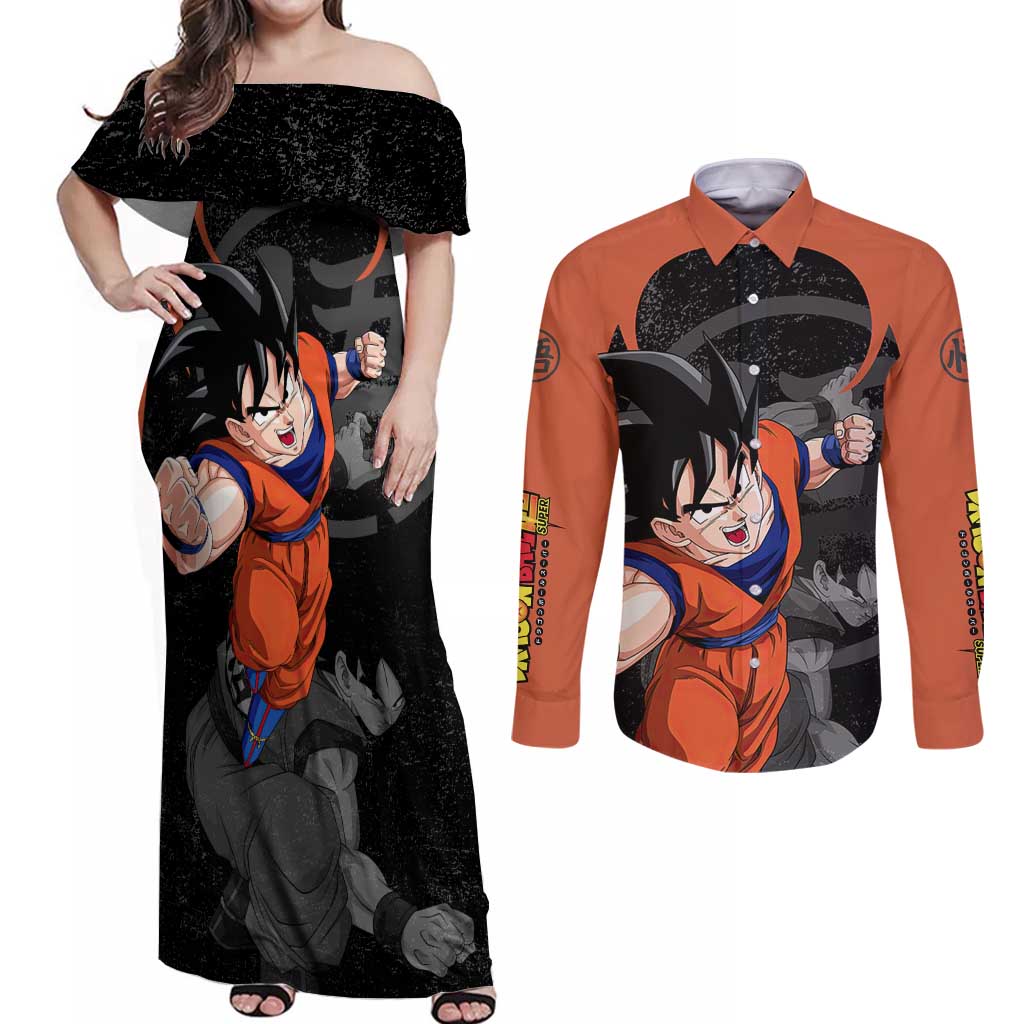 Goku - Dragon Ball Z Couples Matching Off Shoulder Maxi Dress and Long Sleeve Button Shirt Anime Style