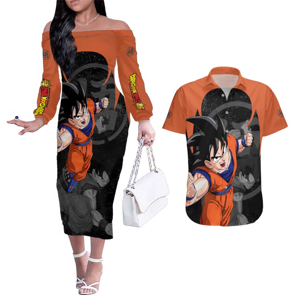 Goku - Dragon Ball Z Couples Matching Off The Shoulder Long Sleeve Dress and Hawaiian Shirt Anime Style