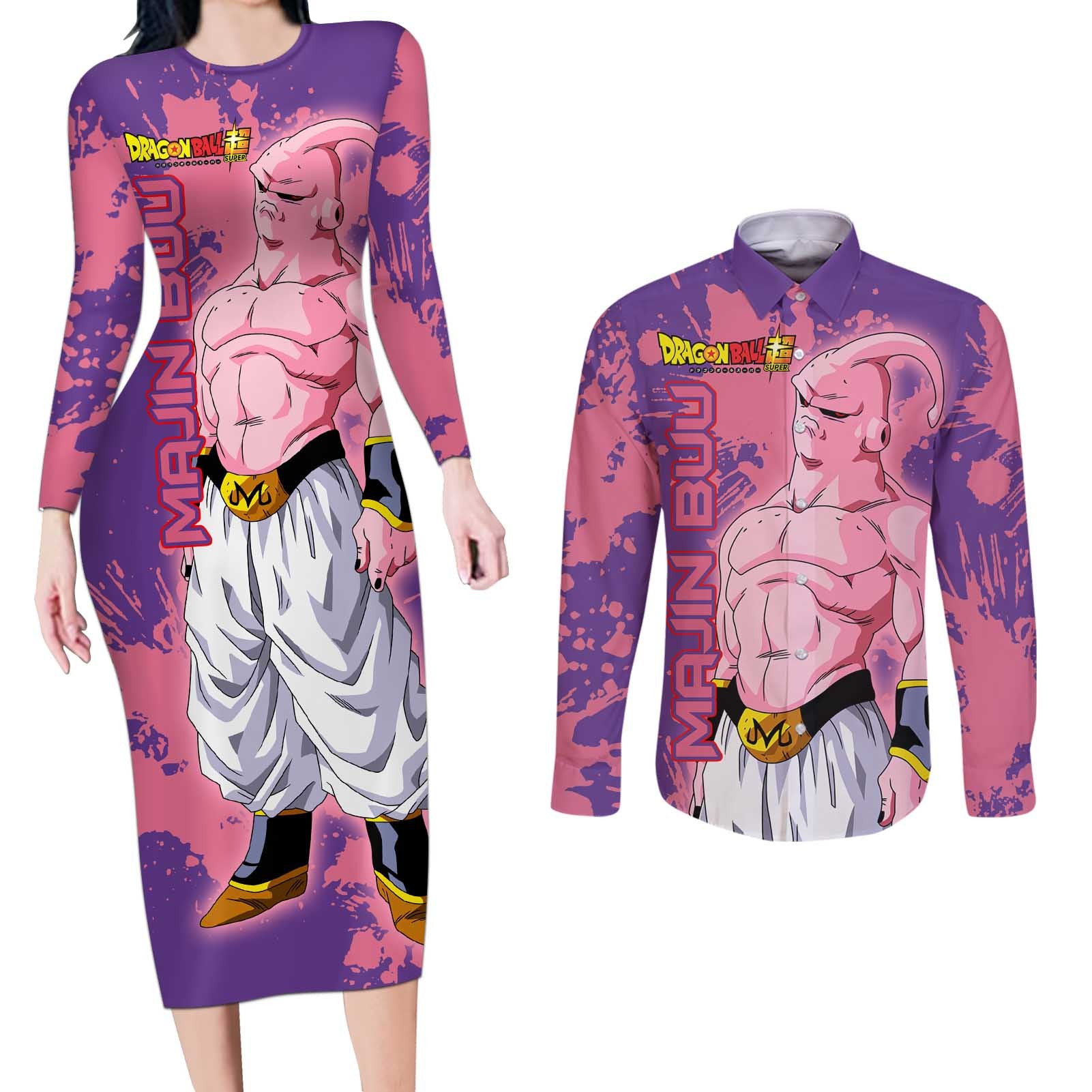 Skinny Majin Buu - Dragon Ball Couples Matching Long Sleeve Bodycon Dress and Long Sleeve Button Shirt Anime Style