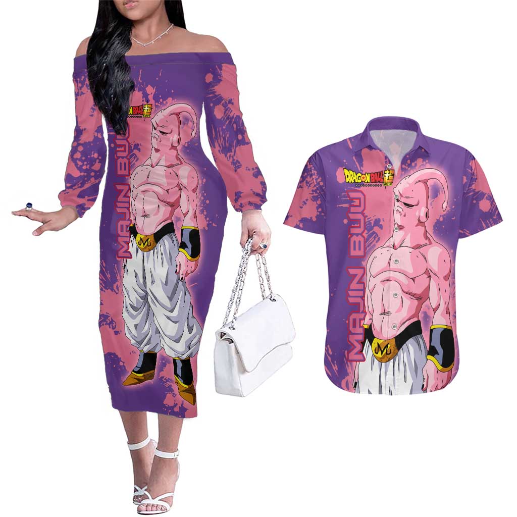 Skinny Majin Buu - Dragon Ball Couples Matching Off The Shoulder Long Sleeve Dress and Hawaiian Shirt Anime Style