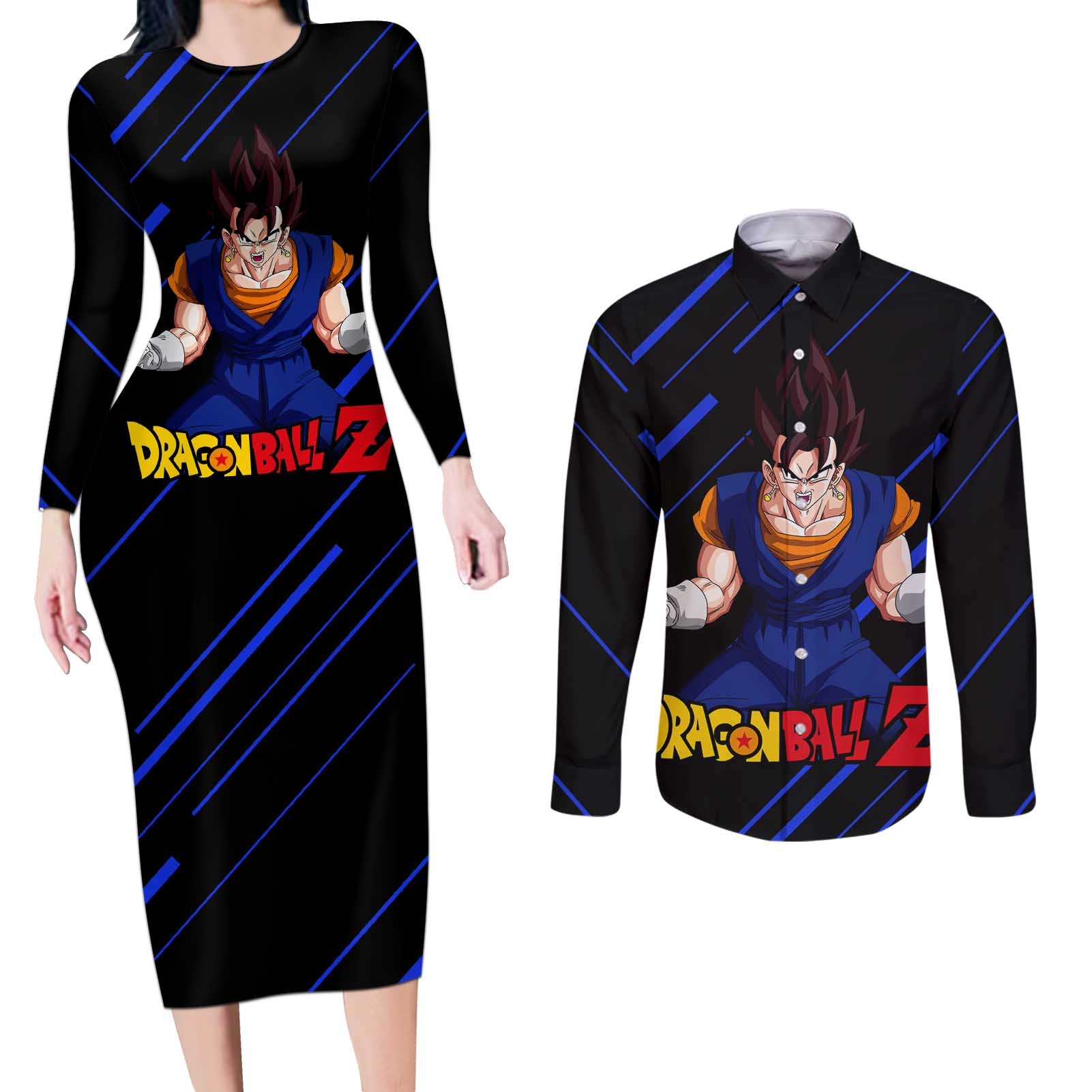 Vegito - Dragon Ball Couples Matching Long Sleeve Bodycon Dress and Long Sleeve Button Shirt Anime Style