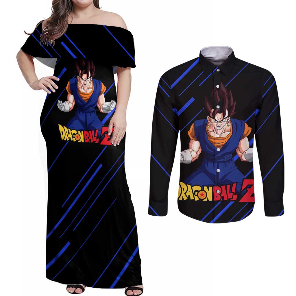 Vegito - Dragon Ball Couples Matching Off Shoulder Maxi Dress and Long Sleeve Button Shirt Anime Style