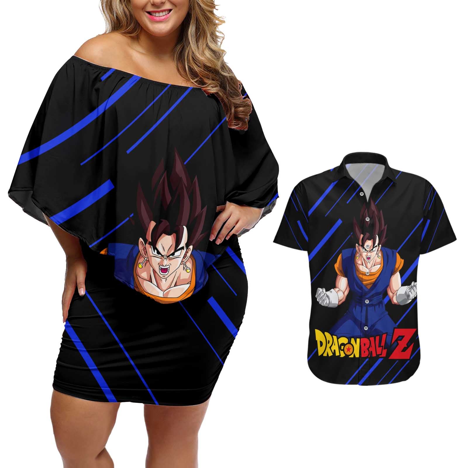 Vegito - Dragon Ball Couples Matching Off Shoulder Short Dress and Hawaiian Shirt Anime Style