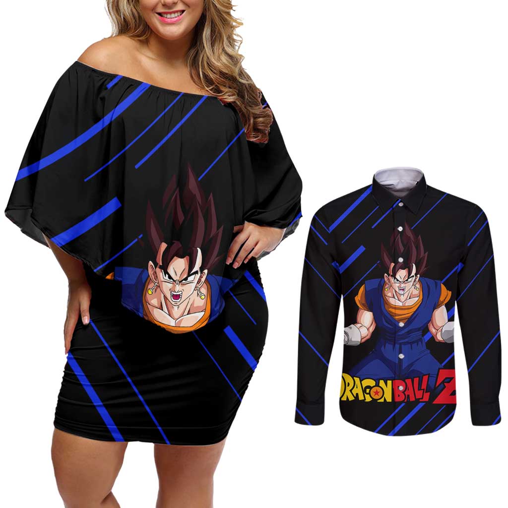 Vegito - Dragon Ball Couples Matching Off Shoulder Short Dress and Long Sleeve Button Shirt Anime Style