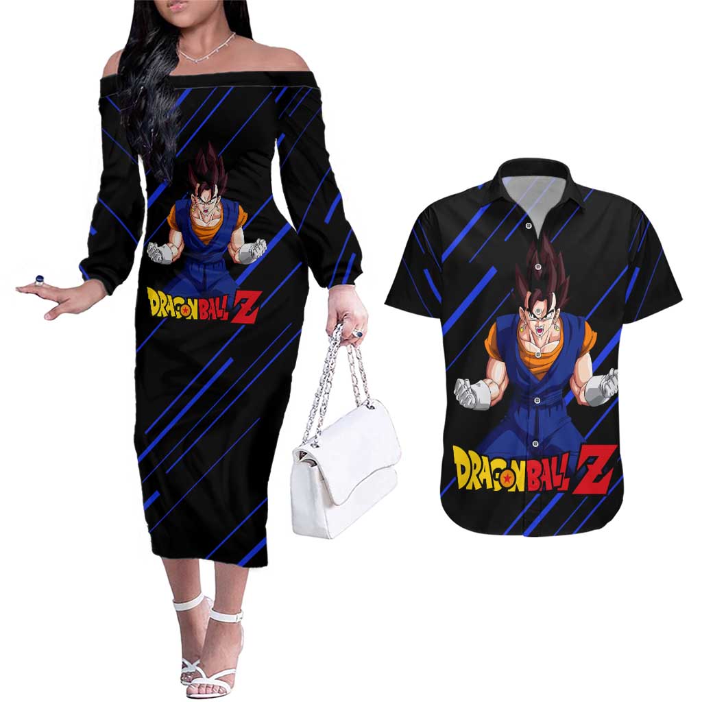 Vegito - Dragon Ball Couples Matching Off The Shoulder Long Sleeve Dress and Hawaiian Shirt Anime Style