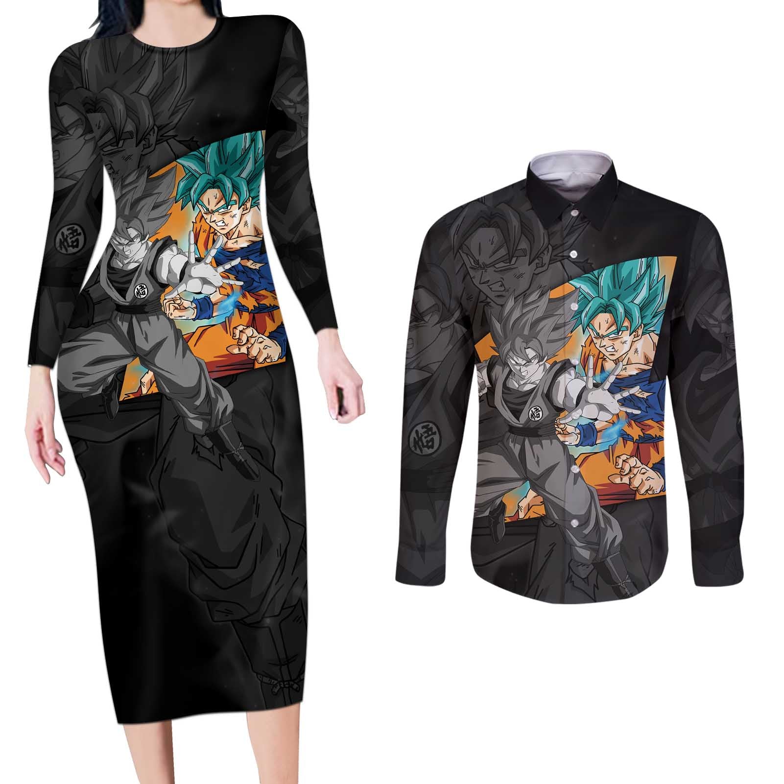 Goku Blue - Dragon Ball Couples Matching Long Sleeve Bodycon Dress and Long Sleeve Button Shirt Anime Style