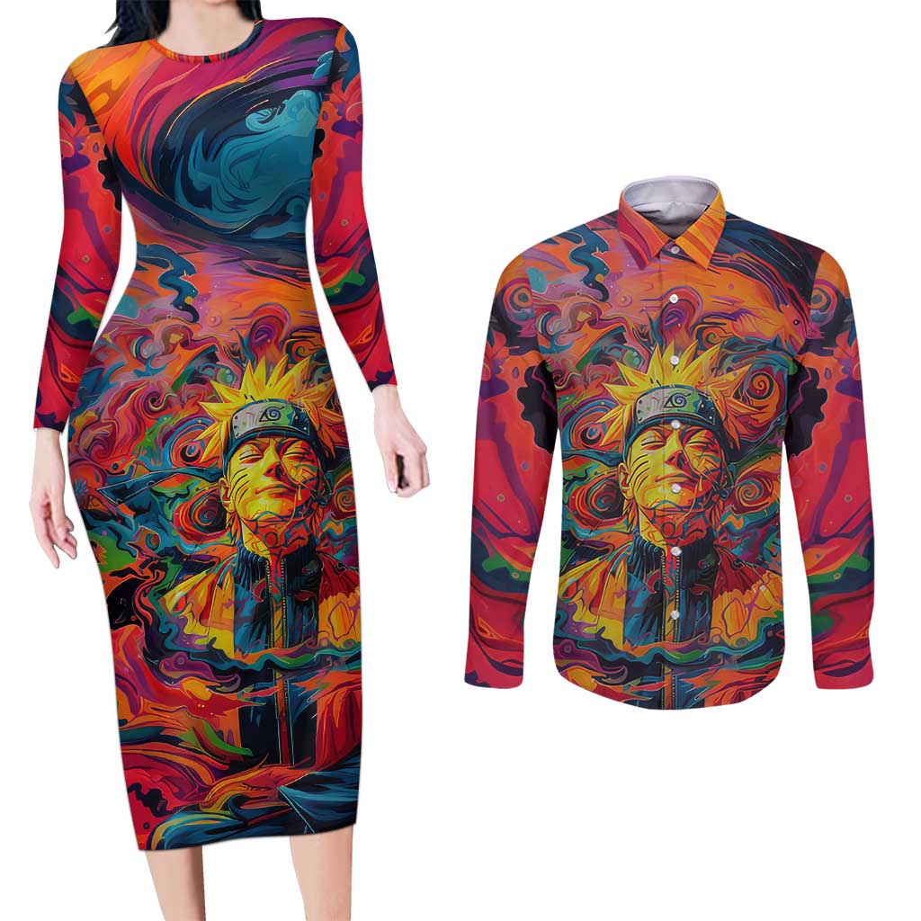 Trippy Naruto Couples Matching Long Sleeve Bodycon Dress and Long Sleeve Button Shirt Anime Mix Trippy Style