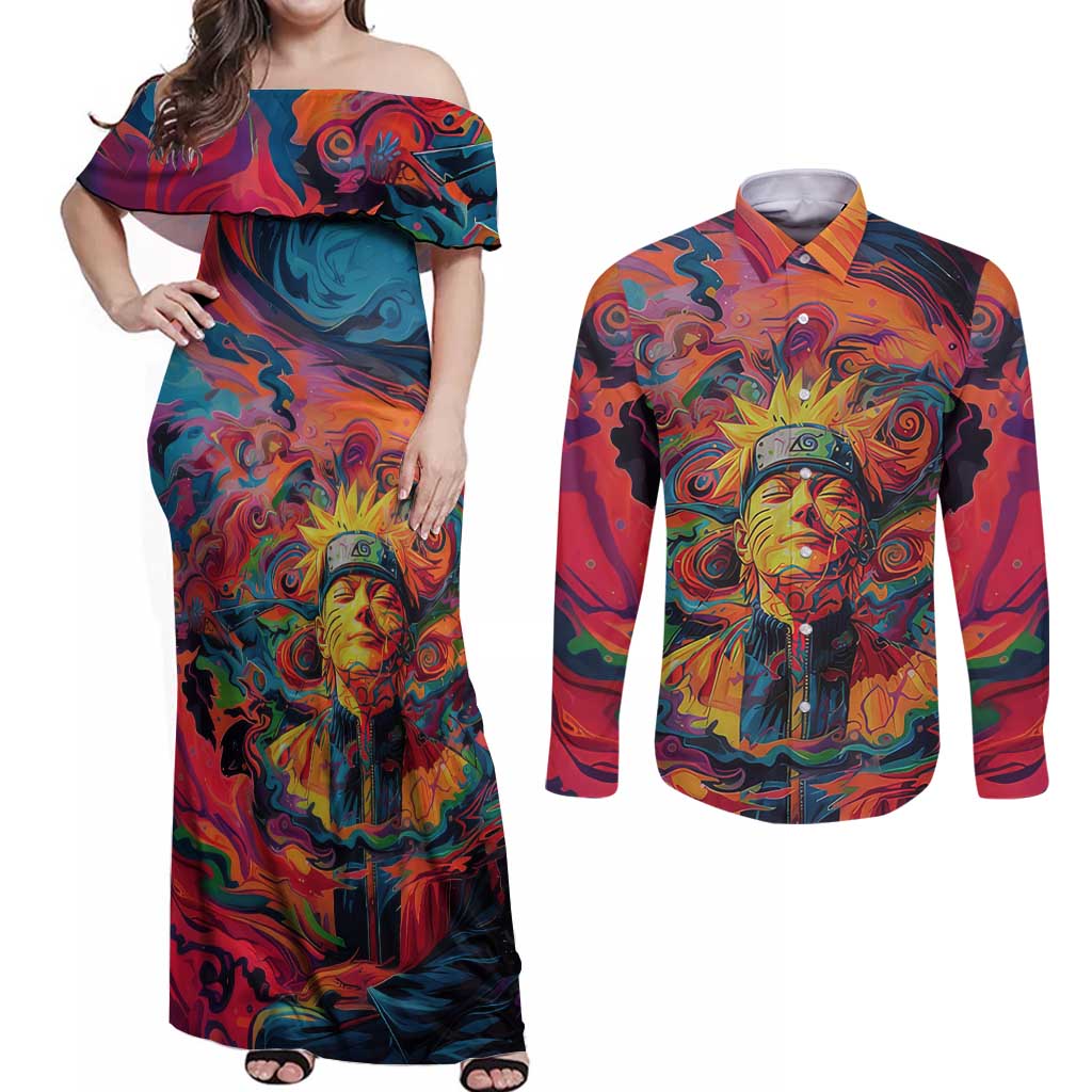 Trippy Naruto Couples Matching Off Shoulder Maxi Dress and Long Sleeve Button Shirt Anime Mix Trippy Style