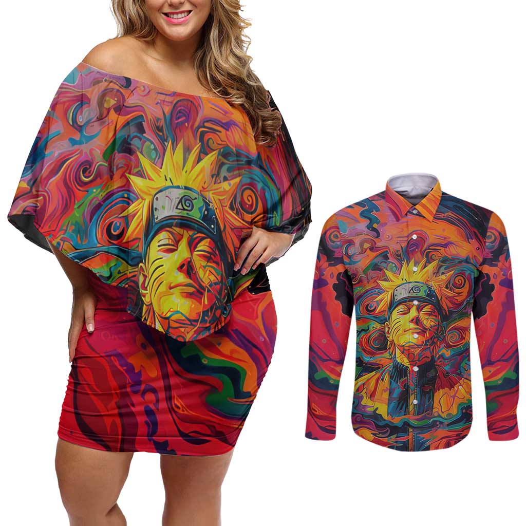 Trippy Naruto Couples Matching Off Shoulder Short Dress and Long Sleeve Button Shirt Anime Mix Trippy Style