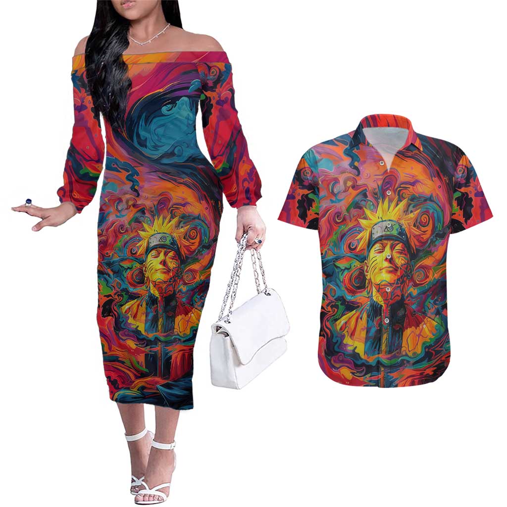 Trippy Naruto Couples Matching Off The Shoulder Long Sleeve Dress and Hawaiian Shirt Anime Mix Trippy Style