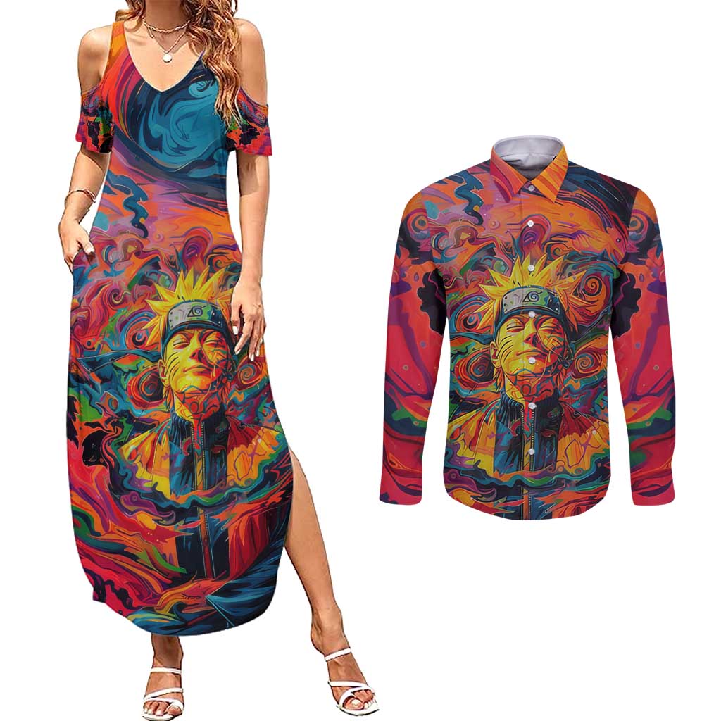 Trippy Naruto Couples Matching Summer Maxi Dress and Long Sleeve Button Shirt Anime Mix Trippy Style