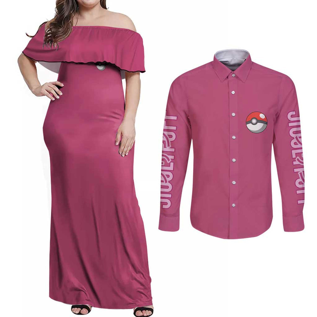 Jigglypuff -  Poke Couples Matching Off Shoulder Maxi Dress and Long Sleeve Button Shirt Anime Style