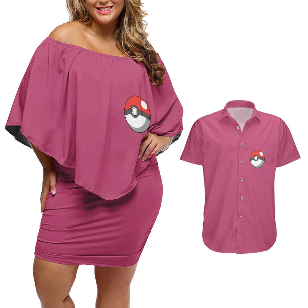 Jigglypuff -  Poke Couples Matching Off Shoulder Short Dress and Hawaiian Shirt Anime Style