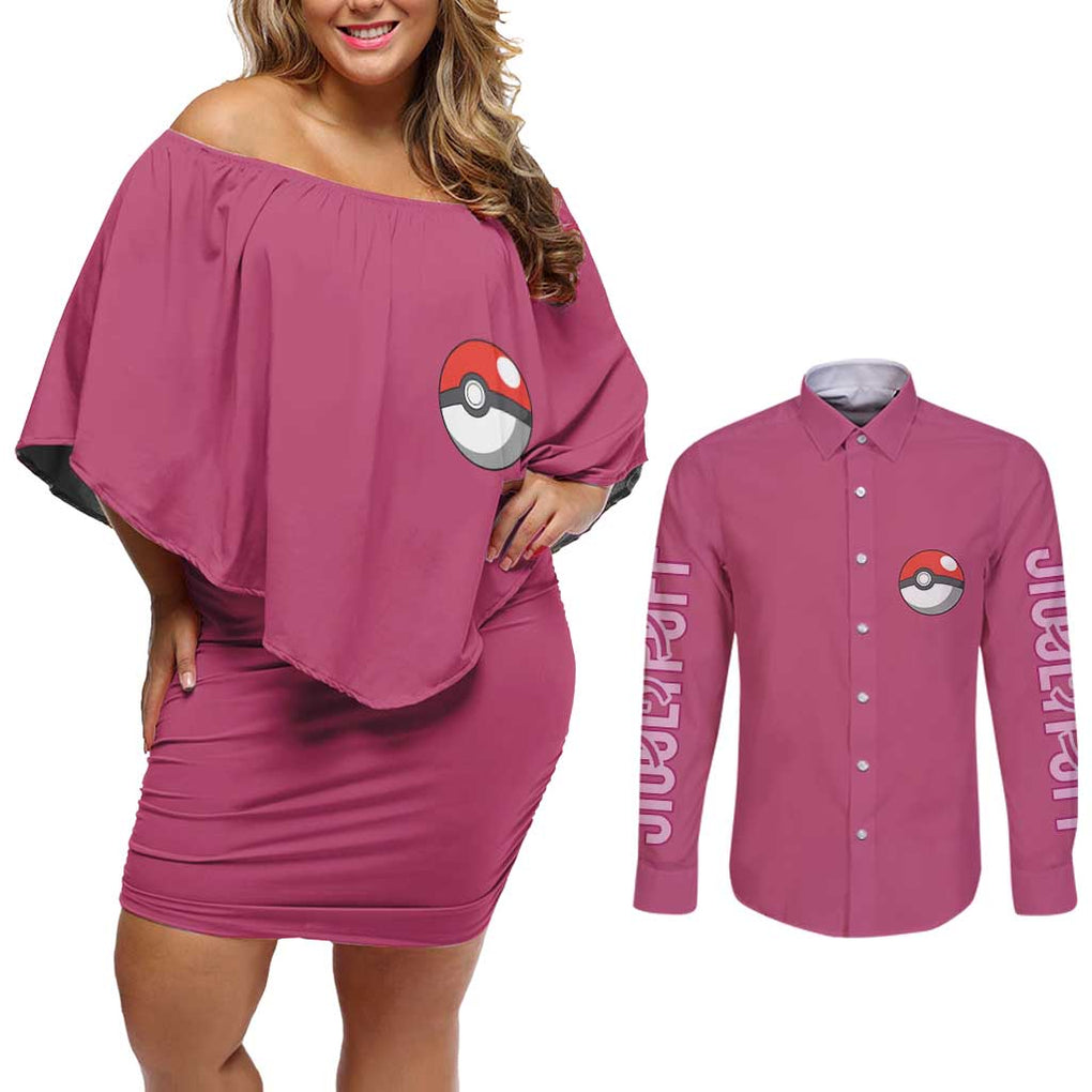 Jigglypuff -  Poke Couples Matching Off Shoulder Short Dress and Long Sleeve Button Shirt Anime Style