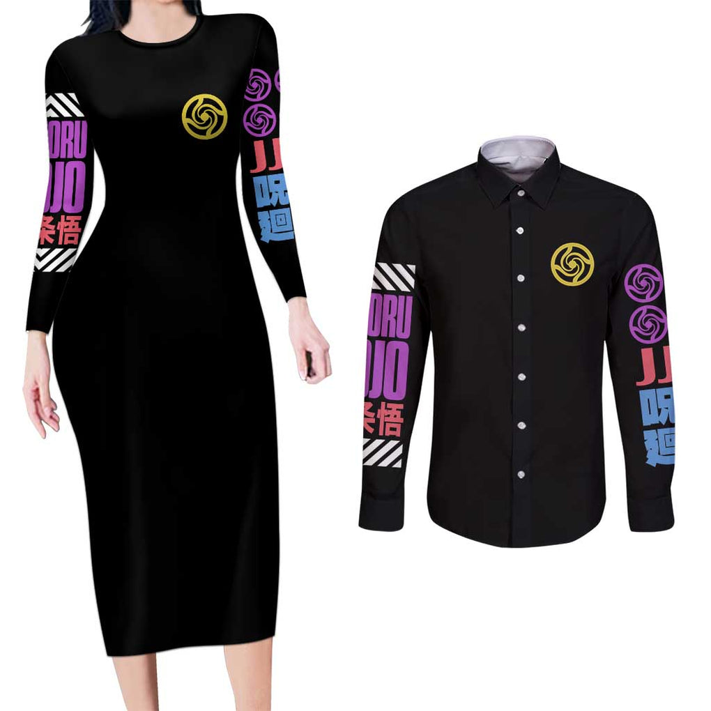 Satoru Gojo V2 Jujutsu Kaisen Couples Matching Long Sleeve Bodycon Dress and Long Sleeve Button Shirt Anime Style