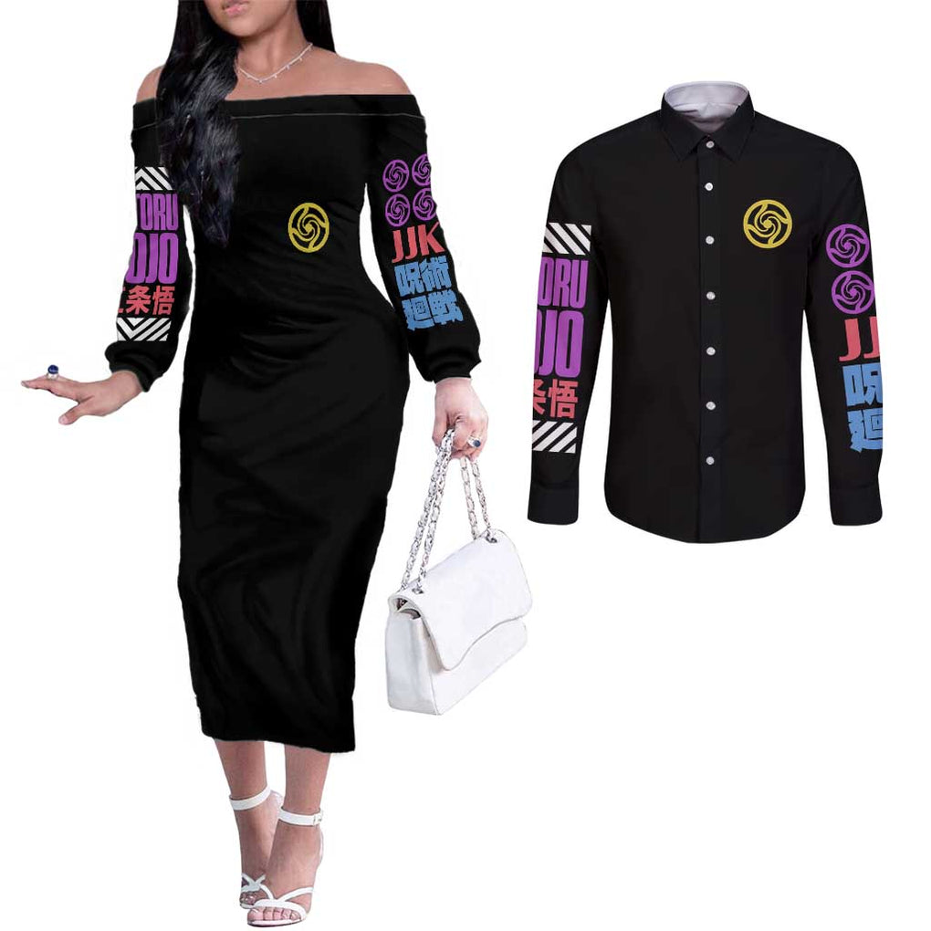 Satoru Gojo V2 Jujutsu Kaisen Couples Matching Off The Shoulder Long Sleeve Dress and Long Sleeve Button Shirt Anime Style