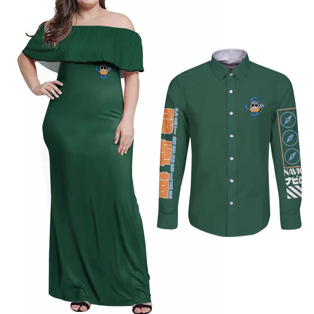 Nami One Piece Couples Matching Off Shoulder Maxi Dress and Long Sleeve Button Shirt Anime Style TS04