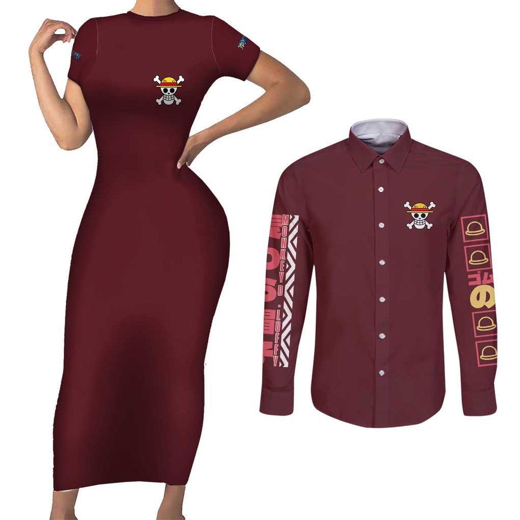 Monkey D. Luffy V2 One Piece Couples Matching Short Sleeve Bodycon Dress and Long Sleeve Button Shirt Anime Style