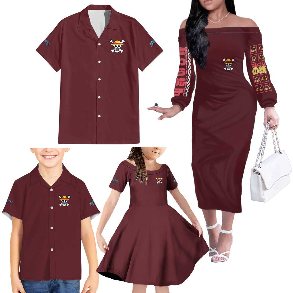 Monkey D. Luffy V2 One Piece Family Matching Off The Shoulder Long Sleeve Dress and Hawaiian Shirt Anime Style