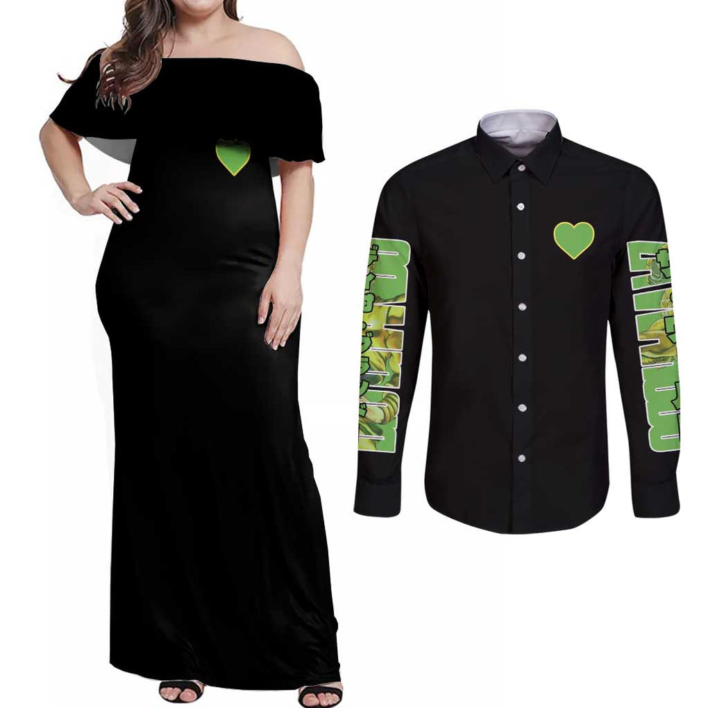 Dio Brando Jojo’s Bizarre Adventure Couples Matching Off Shoulder Maxi Dress and Long Sleeve Button Shirt Anime Style