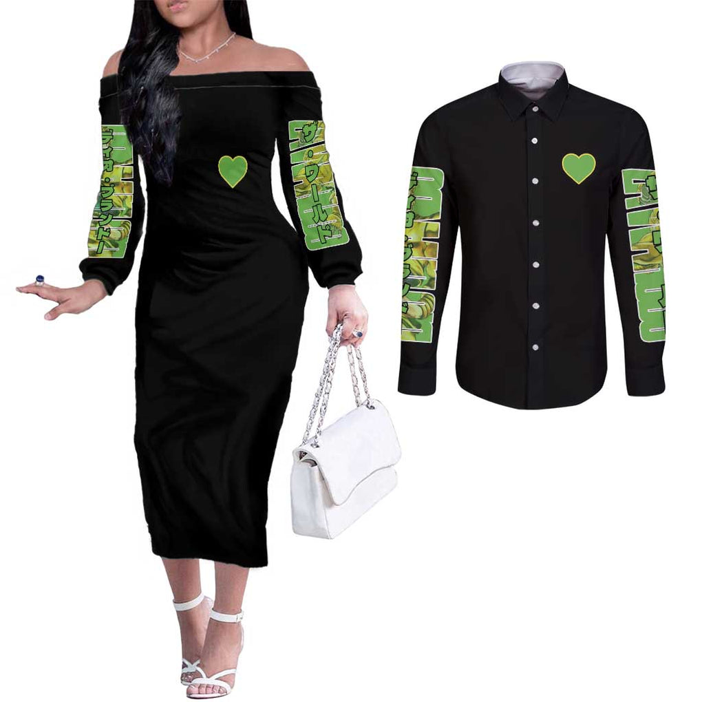 Dio Brando Jojo’s Bizarre Adventure Couples Matching Off The Shoulder Long Sleeve Dress and Long Sleeve Button Shirt Anime Style