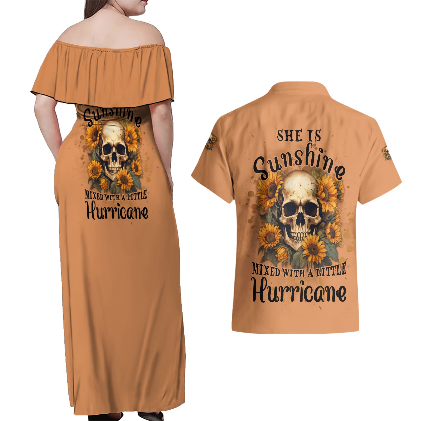 she-is-sunshine-sunflower-skull-couples-matching-off-shoulder-maxi-dress-and-hawaiian-shirt