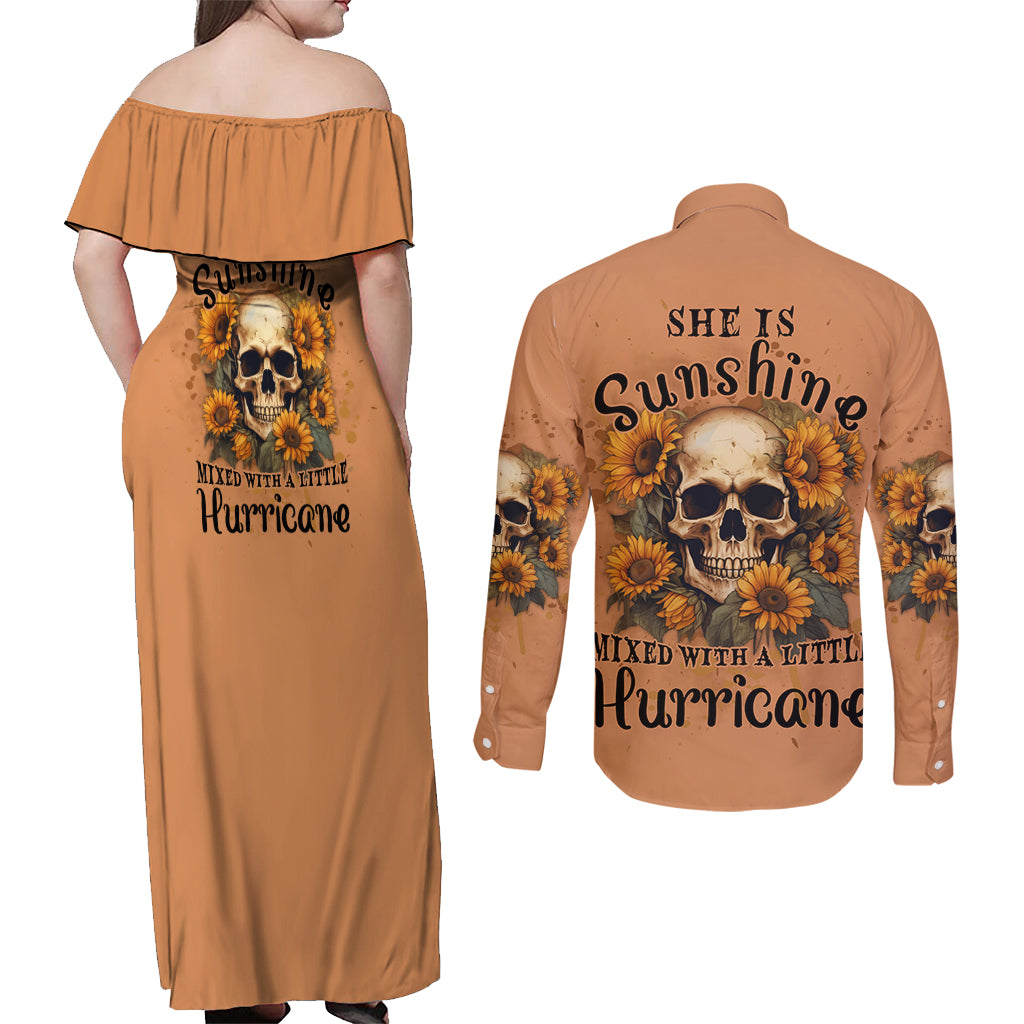 she-is-sunshine-sunflower-skull-couples-matching-off-shoulder-maxi-dress-and-long-sleeve-button-shirt