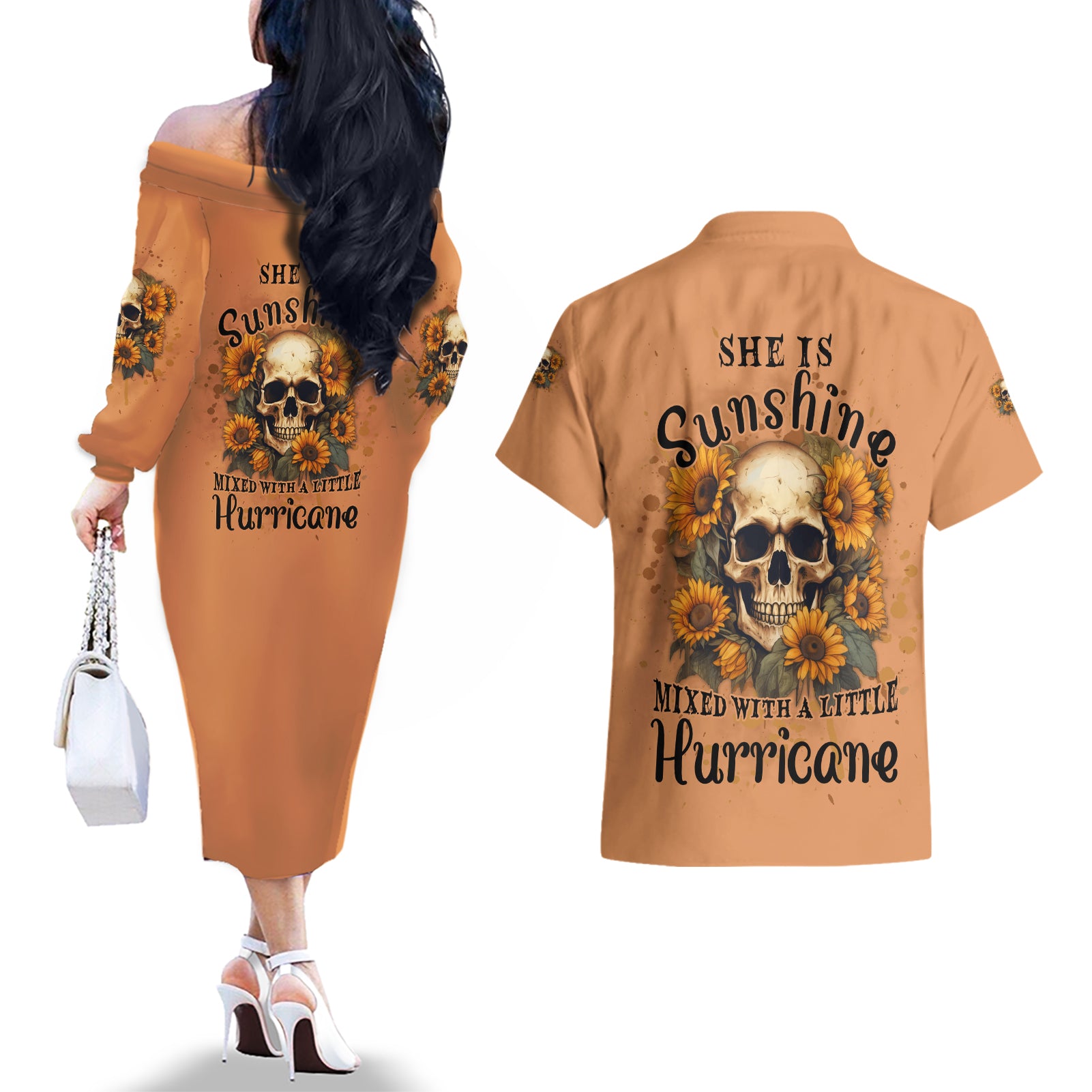 she-is-sunshine-sunflower-skull-couples-matching-off-the-shoulder-long-sleeve-dress-and-hawaiian-shirt