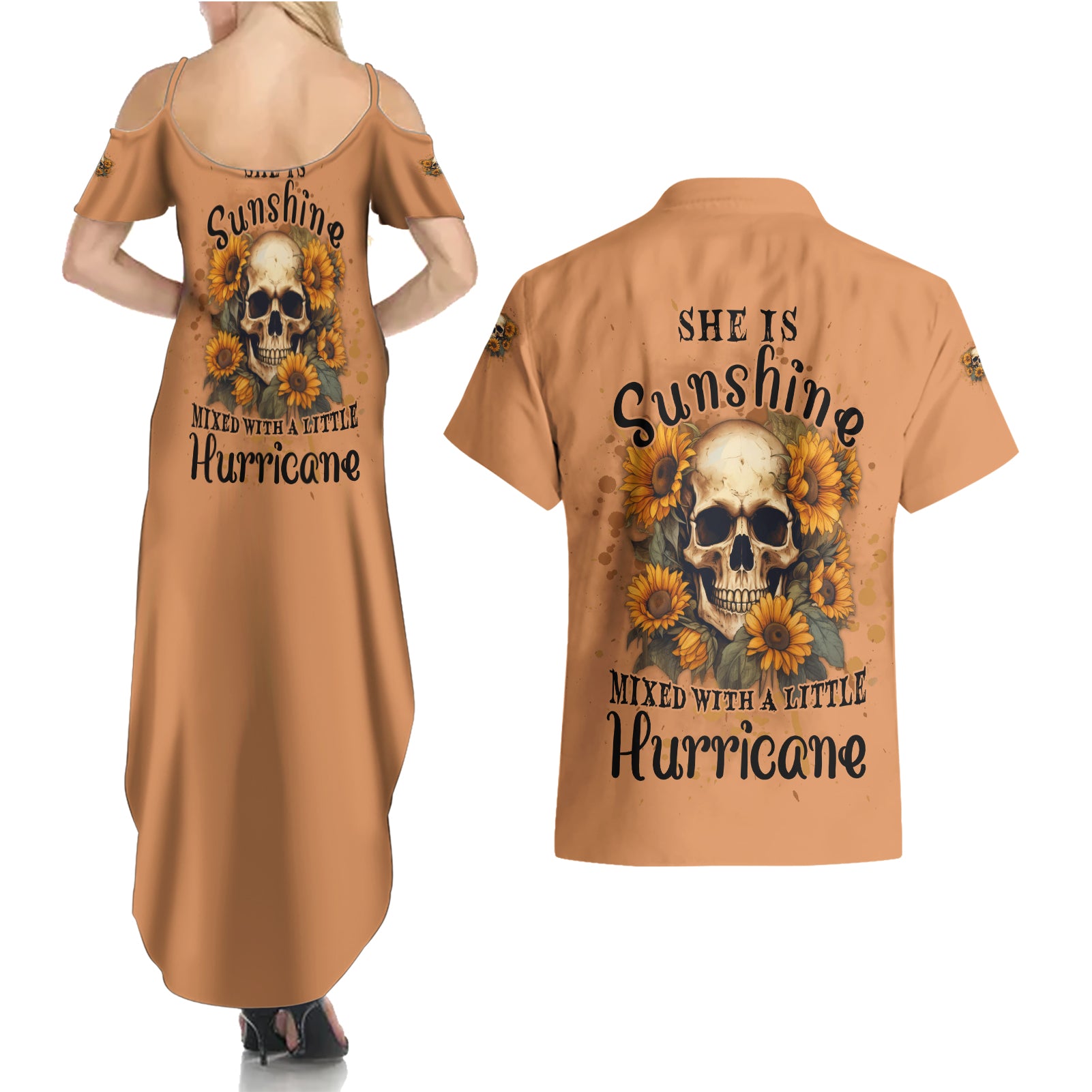 she-is-sunshine-sunflower-skull-couples-matching-summer-maxi-dress-and-hawaiian-shirt