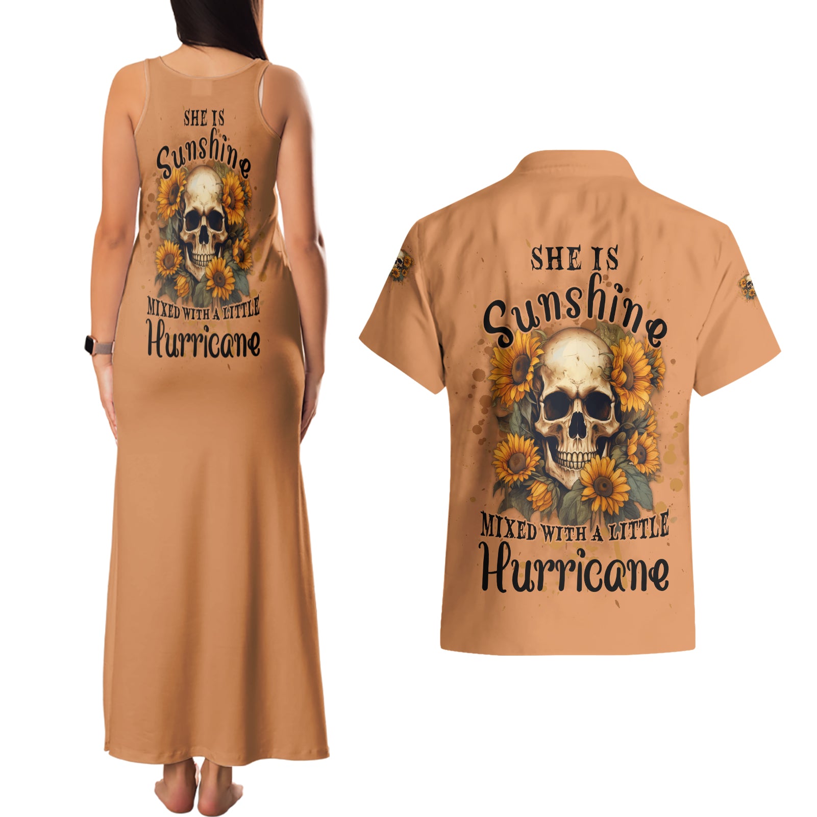 she-is-sunshine-sunflower-skull-couples-matching-tank-maxi-dress-and-hawaiian-shirt