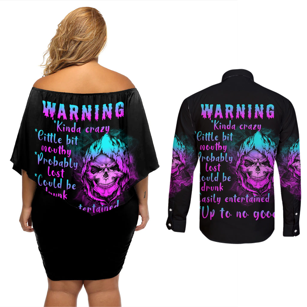 warning-kinda-crazy-skull-couples-matching-off-shoulder-short-dress-and-long-sleeve-button-shirt