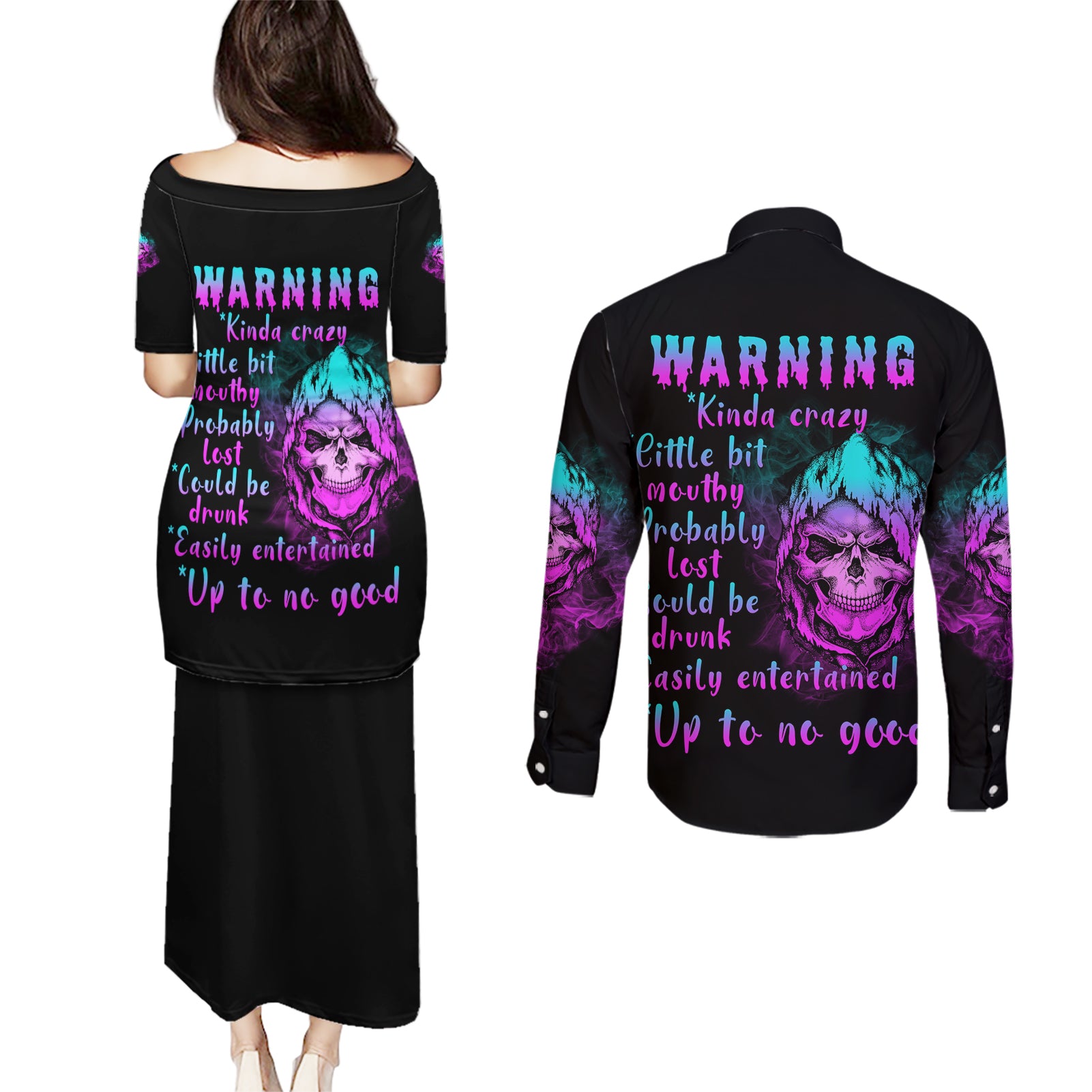 warning-kinda-crazy-skull-couples-matching-puletasi-dress-and-long-sleeve-button-shirt