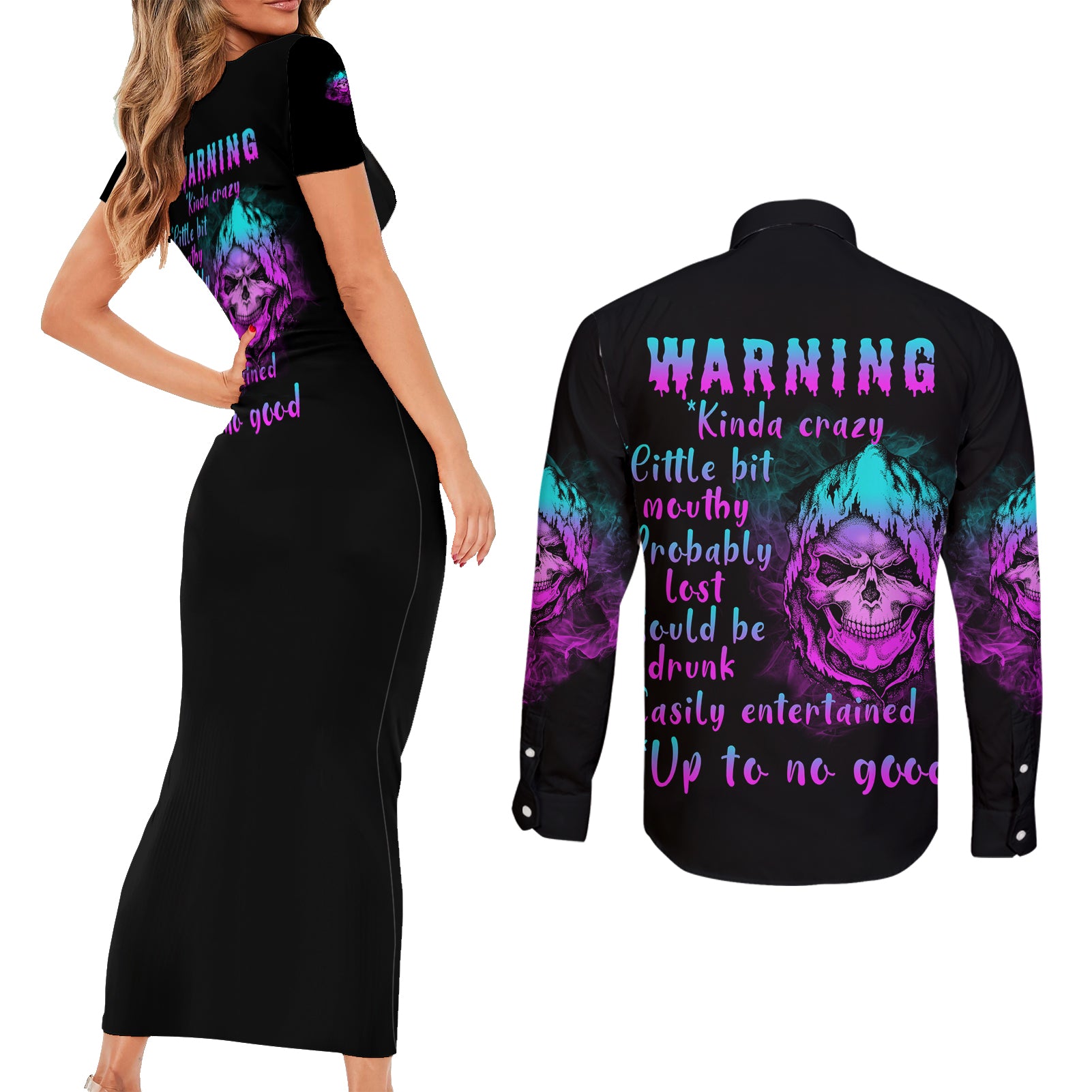 warning-kinda-crazy-skull-couples-matching-short-sleeve-bodycon-dress-and-long-sleeve-button-shirt