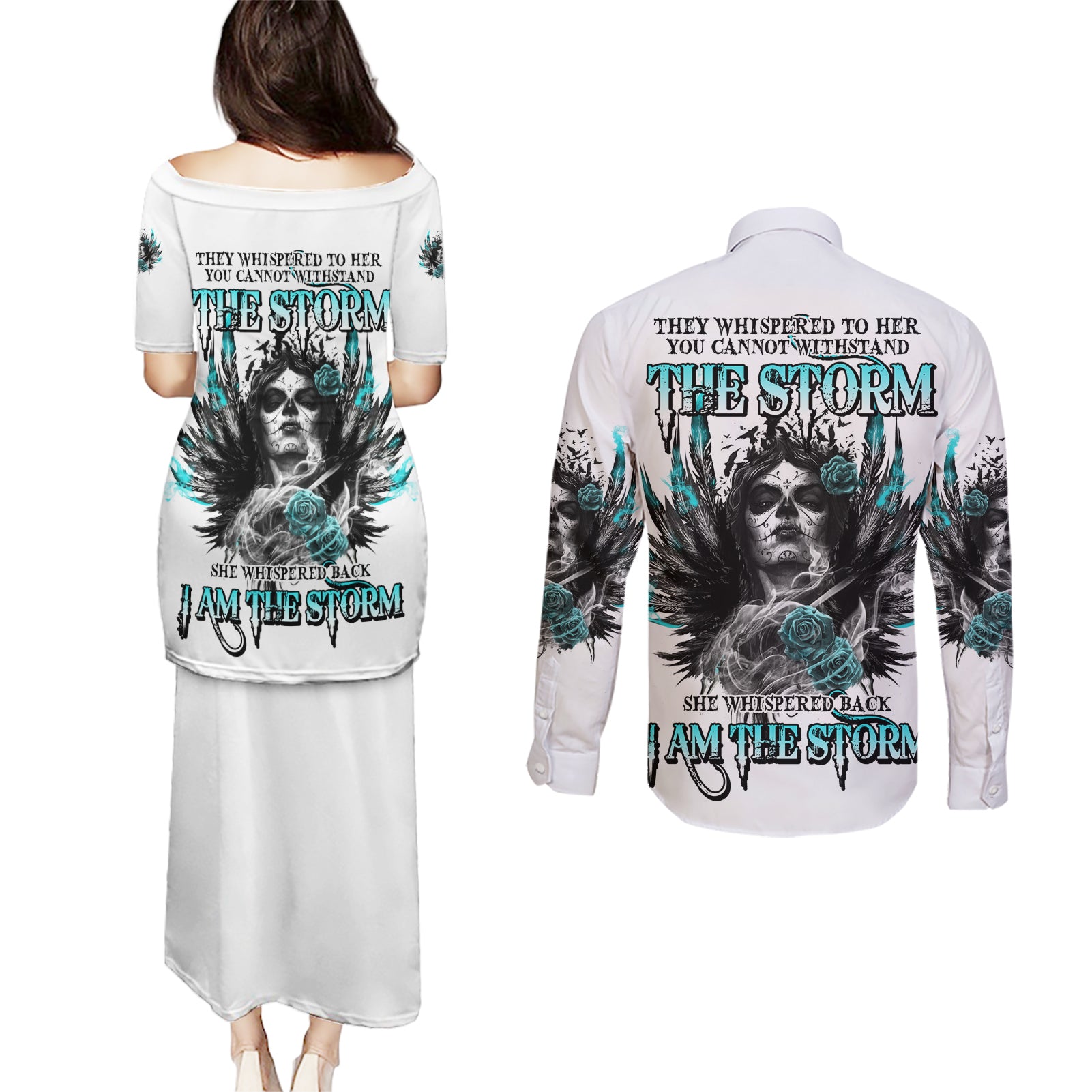 i-am-the-storm-sugar-skull-couples-matching-puletasi-dress-and-long-sleeve-button-shirt