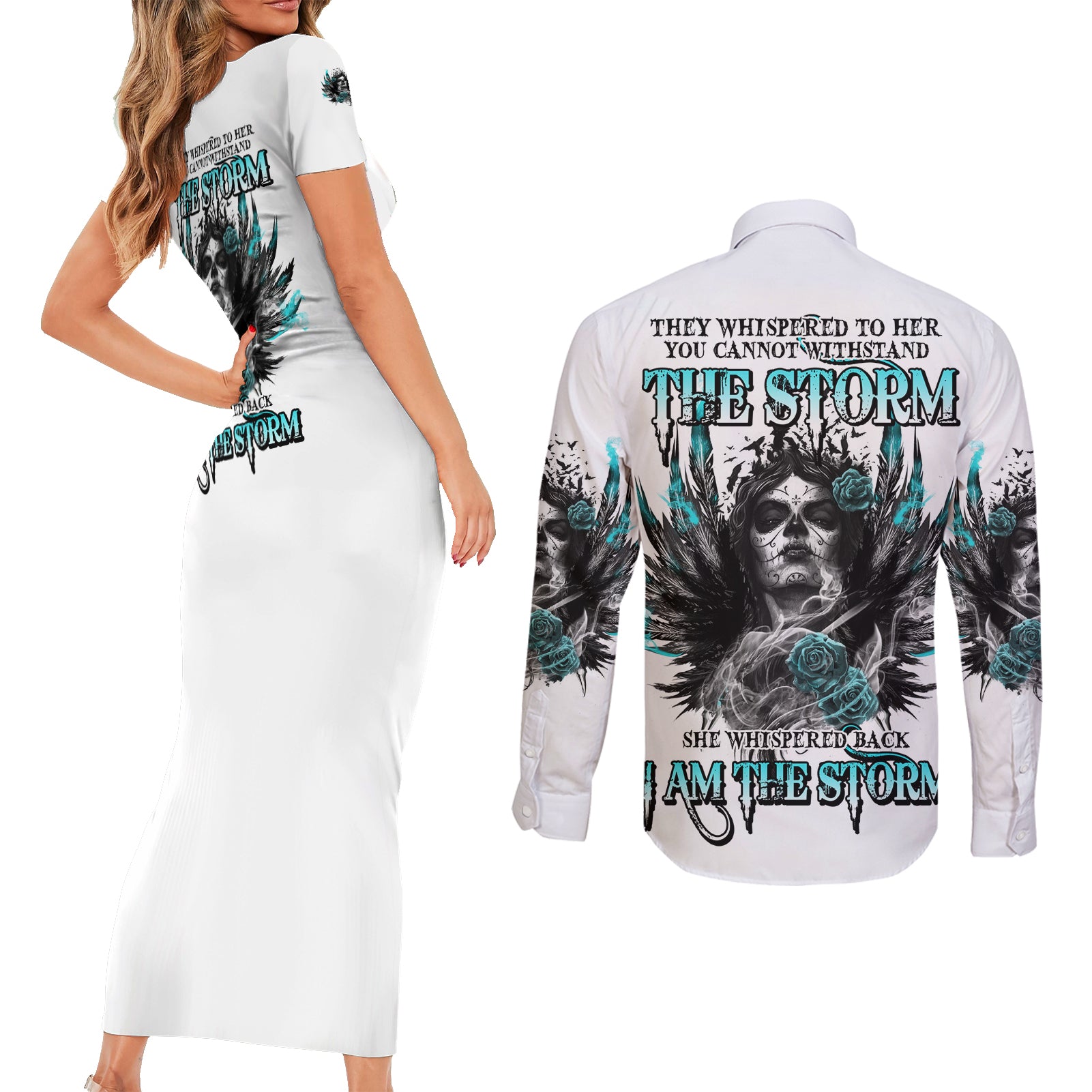 i-am-the-storm-sugar-skull-couples-matching-short-sleeve-bodycon-dress-and-long-sleeve-button-shirt