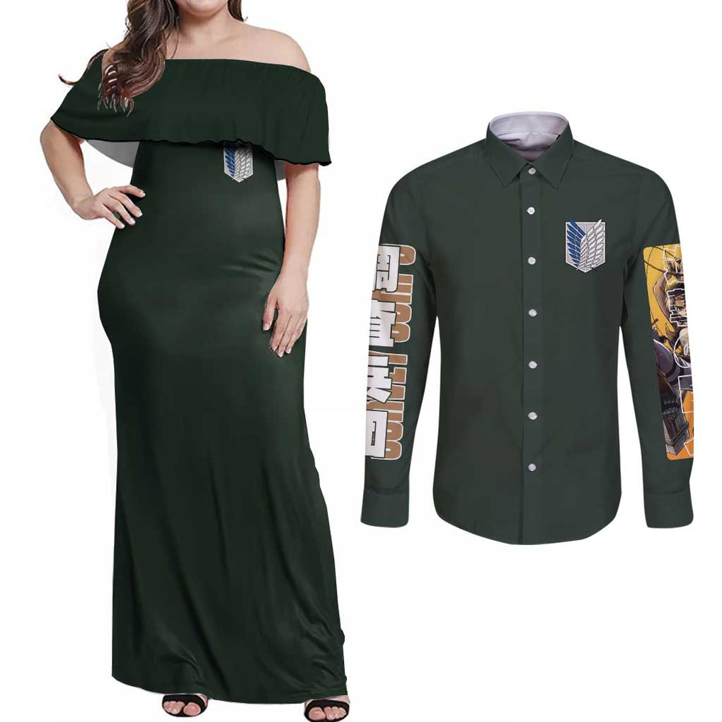 Eren Yeager - Attack on Titan Couples Matching Off Shoulder Maxi Dress and Long Sleeve Button Shirt Japan Anime Style