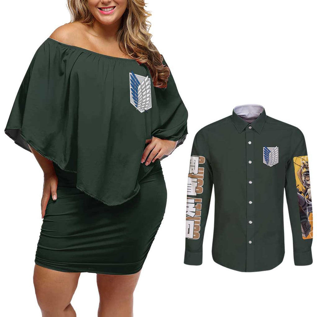 Eren Yeager - Attack on Titan Couples Matching Off Shoulder Short Dress and Long Sleeve Button Shirt Japan Anime Style